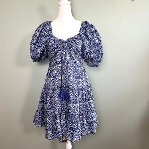 Zara Floral Mini Dress Womens Large Blue Cottagecore Milkmaid Puff Sleeve